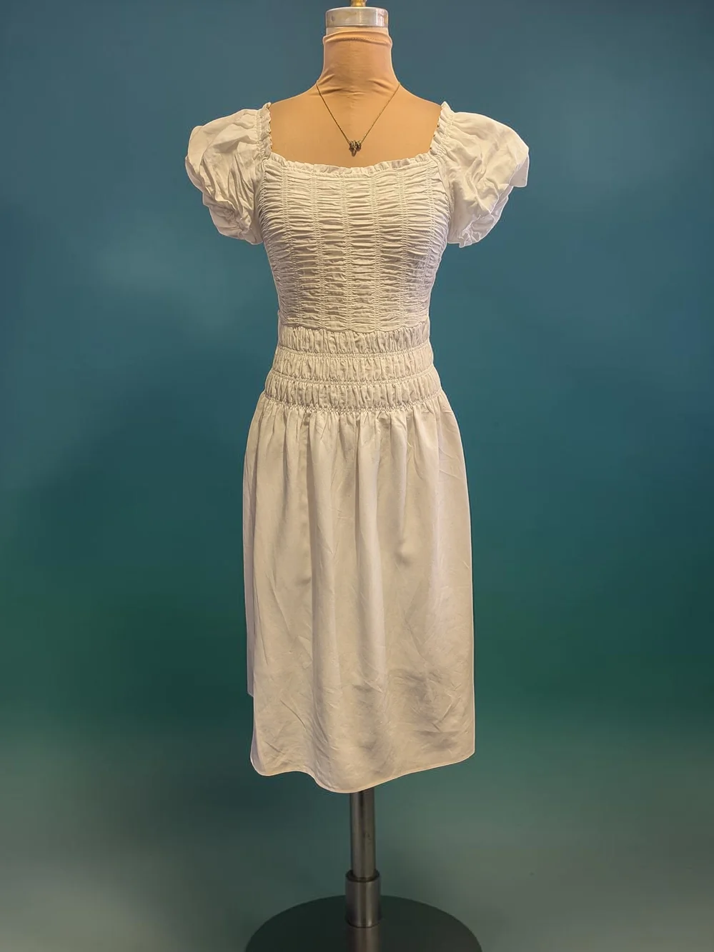 NWT "MALTA" Dress By KOURT. Smocked Puff-Sleeve White Midi Dress XS - Picture 1 of 7